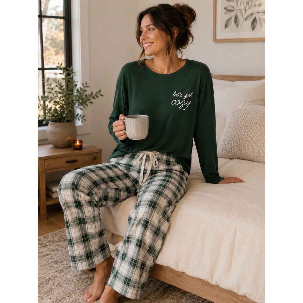 Sleep by Cacique Womens Forest Green Lets Get Cozy Graphic Pajama Top 14/16